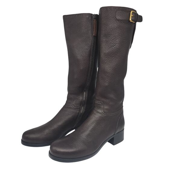 Prada Boots Womens 39.5 9.5 Brown Leather Knee High Block Heel Riding Side Zip - Picture 1 of 16